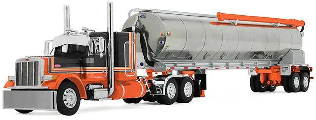 Alt view image 4 of 6 - Peterbilt 379 with 48" Flat Top Sleeper and Walinga Bulk Feed Trailer Orange and Black 1/64 Diecast Model made by DCP/First Gear