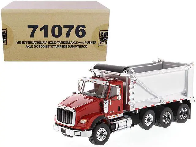 Alt view image 6 of 6 - International HX620 Tandem Axle with Pusher Axle OX Stampede Dump Truck Red & Chrome 1/50 Diecast Model by Diecast Masters