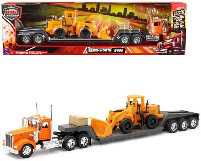 Main image of Kenworth W900 Truck with Lowboy Trailer Orange and Wheel Loader Yellow "Long Haul Trucker" Series 1/32 Diecast Model by New Ray