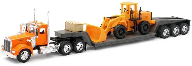 Alt view image 2 of 3 - Kenworth W900 Truck with Lowboy Trailer Orange and Wheel Loader Yellow "Long Haul Trucker" Series 1/32 Diecast Model by New Ray