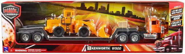 Alt view image 3 of 3 - Kenworth W900 Truck with Lowboy Trailer Orange and Wheel Loader Yellow "Long Haul Trucker" Series 1/32 Diecast Model by New Ray