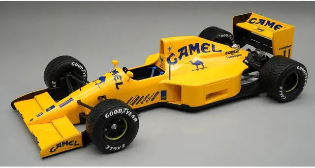 Main image of Lotus 102 #11 "Lamborghini Engine" F1 "US GP Qualifying" (1990) "Mythos Series" with Display Case 1/18 Model Car by Tecnomodel