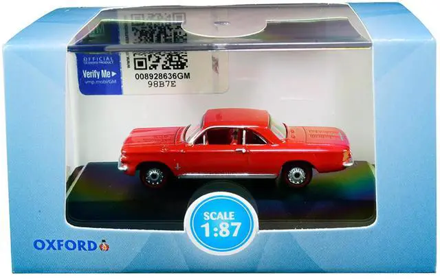 Alt view image 6 of 7 - 1963 Chevrolet Corvair Coupe Riverside Red with Red Interior 1/87 (HO) Scale Diecast Model Car by Oxford Diecast