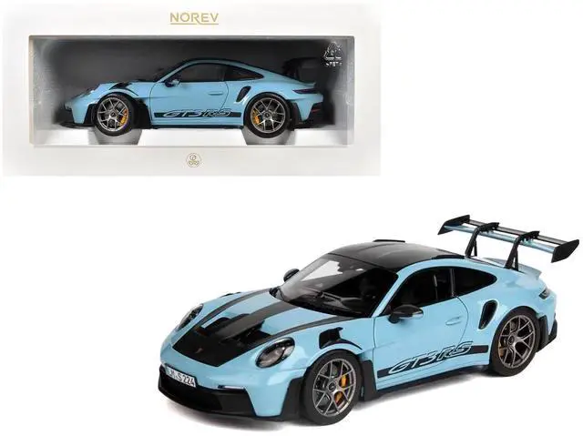 Main image of 2022 Porsche 911 GT3 RS Weissach Pack Gulf Blue with Carbon Top and Hood Stripes 1/18 Diecast Model Car by Norev