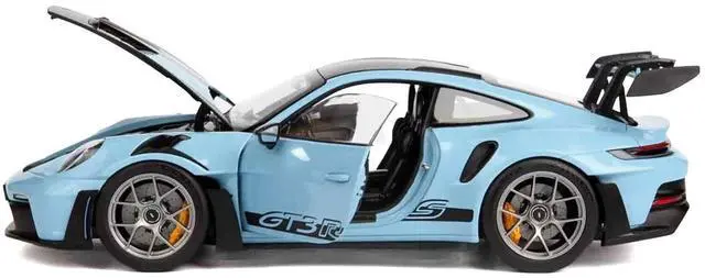 Alt view image 3 of 6 - 2022 Porsche 911 GT3 RS Weissach Pack Gulf Blue with Carbon Top and Hood Stripes 1/18 Diecast Model Car by Norev