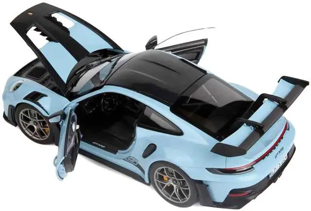 Alt view image 4 of 6 - 2022 Porsche 911 GT3 RS Weissach Pack Gulf Blue with Carbon Top and Hood Stripes 1/18 Diecast Model Car by Norev