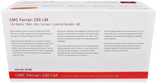 Alt view image 5 of 5 - Ferrari 250 LM #8 "N.A.R.T." 2nd Place "12 Hours of Reims" (1964) Limited Edition 1/18 Diecast Model Car by CMC
