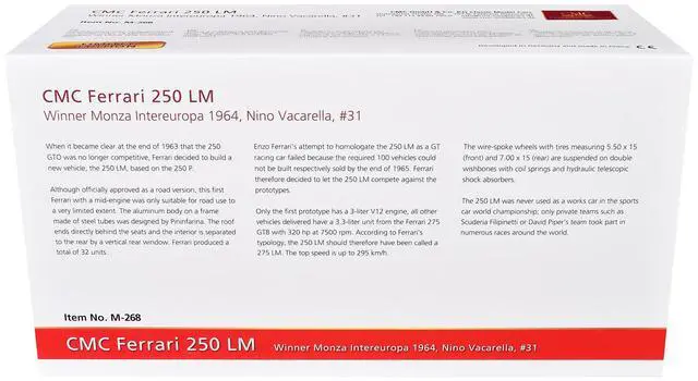 Alt view image 5 of 5 - Ferrari 250 LM #31 Nino Vaccarella Winner "Monza Intereuropa" (1964) Limited Ed to 1500 pieces 1/18 Diecast Model Car by CMC