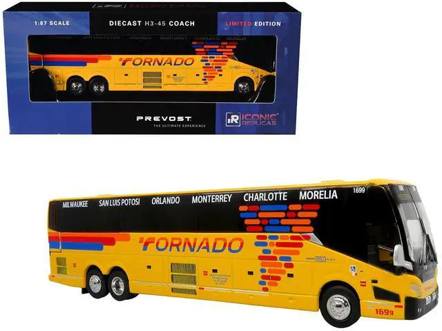 Main image of Prevost H3-45 Coach Bus "Tornado Bus Company" Yellow with Graphics Limited Ed 1/87 (HO) Scale Diecast Model by Iconic Replicas