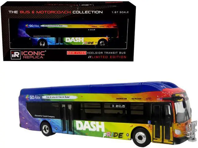 Main image of New Flyer Xcelsior XN40 Transit Bus Blue with Rainbow Graphics Limited Edition 1/87 (HO) Scale Diecast Model by Iconic Replicas