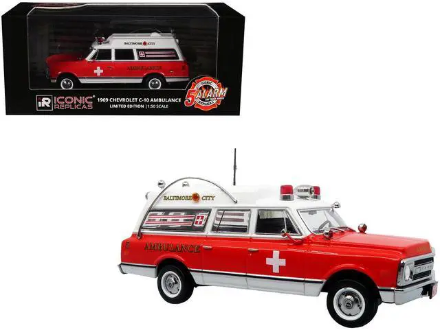 Main image of 1969 Chevrolet C-10 Ambulance "Baltimore City Fire Department" White and Red "5 Alarm" 1/50 Diecast Model by Iconic Replicas