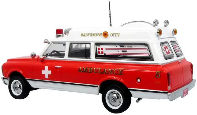Alt view image 3 of 6 - 1969 Chevrolet C-10 Ambulance "Baltimore City Fire Department" White and Red "5 Alarm" 1/50 Diecast Model by Iconic Replicas