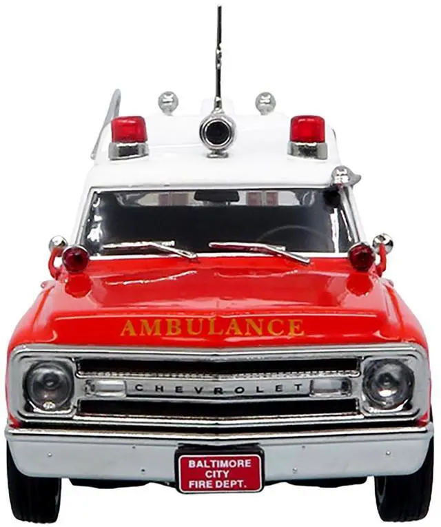 Alt view image 4 of 6 - 1969 Chevrolet C-10 Ambulance "Baltimore City Fire Department" White and Red "5 Alarm" 1/50 Diecast Model by Iconic Replicas