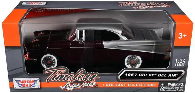 Main image of 1957 Chevrolet Bel Air Burgundy Metallic and Silver Metallic "Timeless Legends" Series 1/24 Diecast Model Car by Motormax