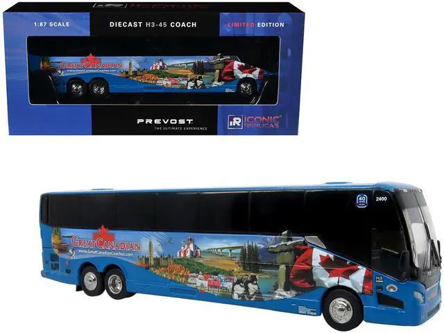 Main image of Prevost H3-45 Coach Bus "Great Canadian Coaches" Blue w/Graphics Limited Ed 1/87 (HO) Scale Diecast Model by Iconic Replicas
