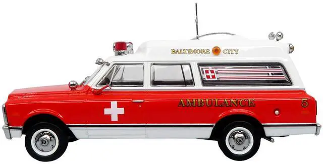 Alt view image 2 of 6 - 1969 Chevrolet C-10 Ambulance "Baltimore City Fire Department" White and Red "5 Alarm" 1/50 Diecast Model by Iconic Replicas