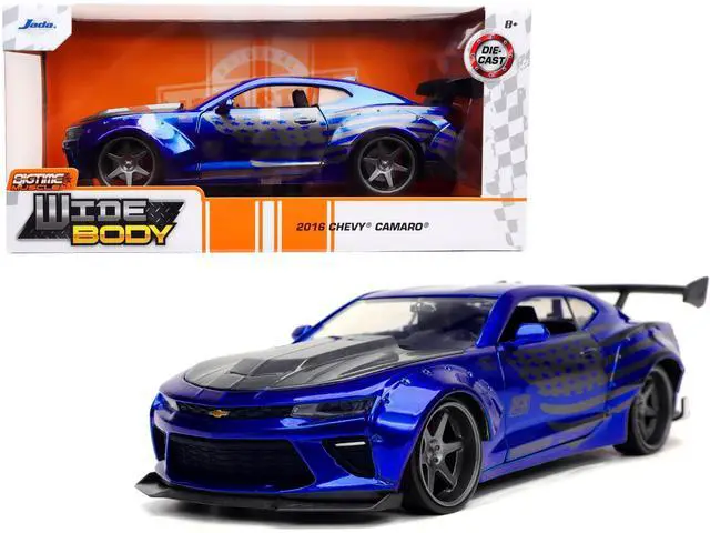 Alt view image 3 of 8 - 2016 Chevrolet Camaro Widebody Candy Blue with Gray Metallic Hood and American Flag Graphics "Bigtime Muscle" Series 1/24 Diecast Model Car by Jada