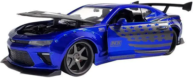 Alt view image 4 of 8 - 2016 Chevrolet Camaro Widebody Candy Blue with Gray Metallic Hood and American Flag Graphics "Bigtime Muscle" Series 1/24 Diecast Model Car by Jada