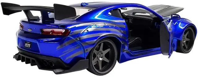 Alt view image 6 of 8 - 2016 Chevrolet Camaro Widebody Candy Blue with Gray Metallic Hood and American Flag Graphics "Bigtime Muscle" Series 1/24 Diecast Model Car by Jada