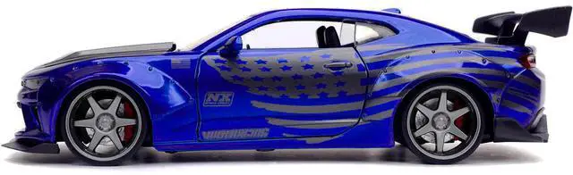 Alt view image 7 of 8 - 2016 Chevrolet Camaro Widebody Candy Blue with Gray Metallic Hood and American Flag Graphics "Bigtime Muscle" Series 1/24 Diecast Model Car by Jada