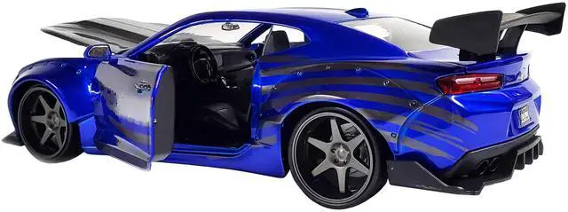 Alt view image 5 of 8 - 2016 Chevrolet Camaro Widebody Candy Blue with Gray Metallic Hood and American Flag Graphics "Bigtime Muscle" Series 1/24 Diecast Model Car by Jada