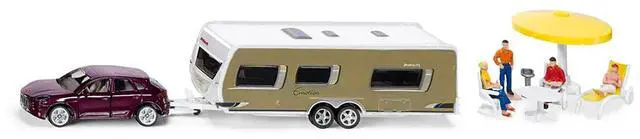 Alt view image 4 of 5 - Porsche Macan Turbo Maroon Metallic & Dethleffs Exclusiv Emotion Caravan w/Figures & Camp Accessories 1/55 Diecast Model by Siku