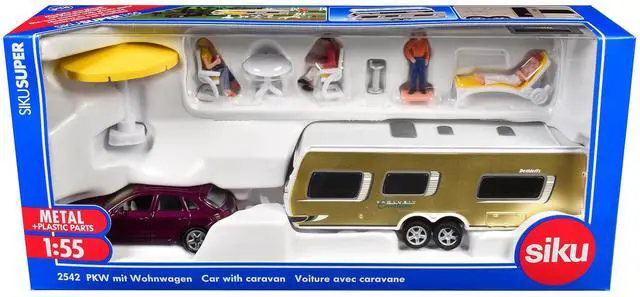 Alt view image 5 of 5 - Porsche Macan Turbo Maroon Metallic & Dethleffs Exclusiv Emotion Caravan w/Figures & Camp Accessories 1/55 Diecast Model by Siku