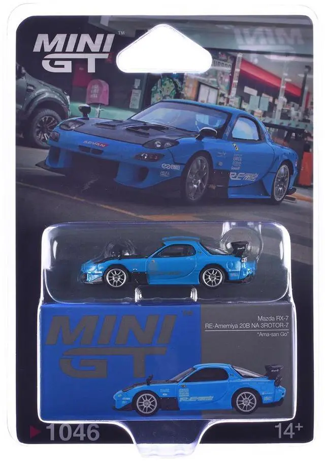Alt view image 6 of 6 - Mazda RX-7 RE-Amemiya 20B NA 3ROTOR-7 RHD "Ama-san Go" Blue with Carbon Hood Limited Edition 1/64 Diecast Model Car by Mini GT