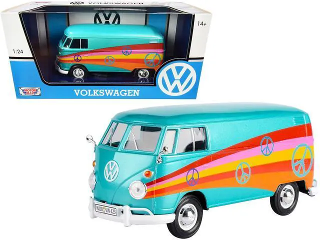 Main image of Volkswagen Type 2 (T1) Delivery Van "Peace" Turquoise Metallic 1/24 Diecast Model Car by Motormax