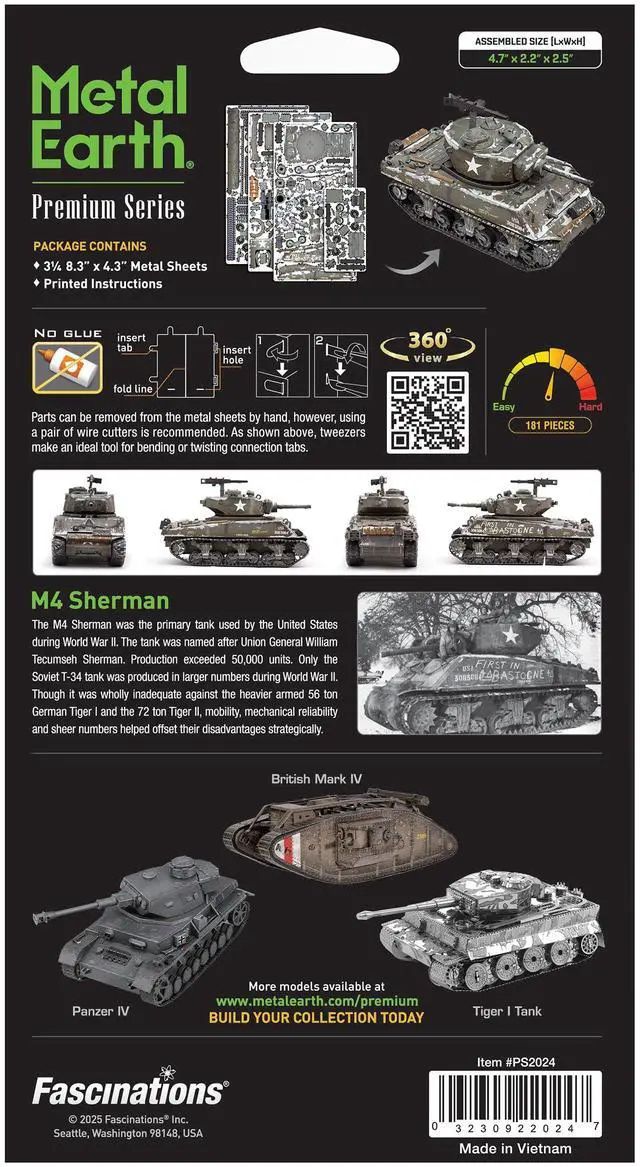 Alt view image 6 of 6 - Model Kit United States M4 Sherman Tank (Moderate Difficulty) Steel Model by Metal Earth