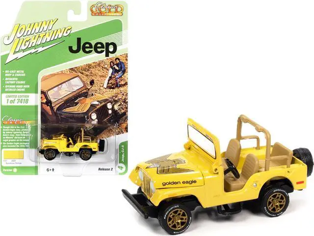 Main image of Jeep CJ-5 Yellow w/ Golden Eagle Graphics Classic Gold Collection Ltd Ed to 7418 pcs 1/64 Diecast Model Car by Johnny Lightning