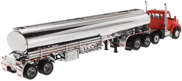 Alt view image 4 of 4 - Kenworth T880 Day Cab Tandem Truck w/Pusher-Axle & Petroleum Tanker Trailer Red & Chrome 1/50 Diecast Model by Diecast Masters