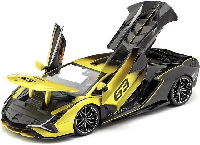 Alt view image 2 of 6 - Lamborghini Sian FKP 37 #63 Yellow Metallic and Black 1/18 Diecast Model Car by Bburago