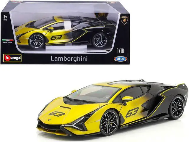 Main image of Lamborghini Sian FKP 37 #63 Yellow Metallic and Black 1/18 Diecast Model Car by Bburago