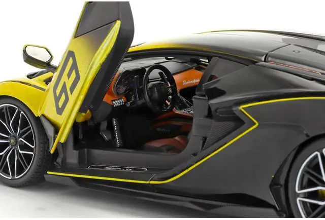 Alt view image 4 of 6 - Lamborghini Sian FKP 37 #63 Yellow Metallic and Black 1/18 Diecast Model Car by Bburago