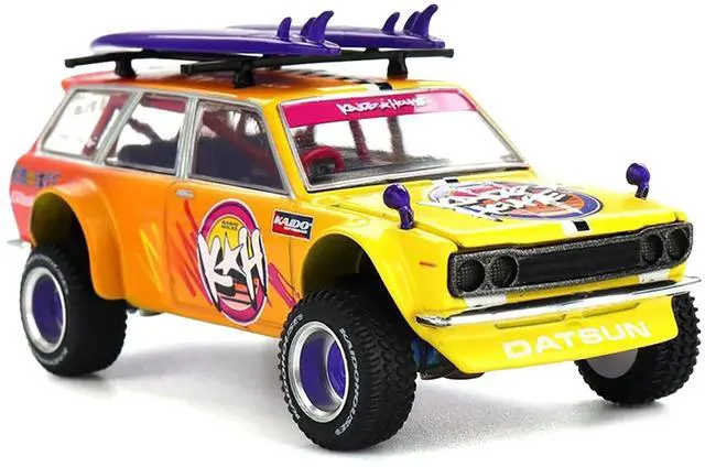 Alt view image 5 of 5 - Datsun Kaido 510 Wagon 4x4 RHD "Kaido Islands V1" Yellow to Red Gradient with Surfboards 1/64 Diecast Model Car by Mini GT