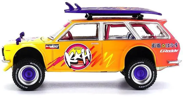 Alt view image 3 of 5 - Datsun Kaido 510 Wagon 4x4 RHD "Kaido Islands V1" Yellow to Red Gradient with Surfboards 1/64 Diecast Model Car by Mini GT