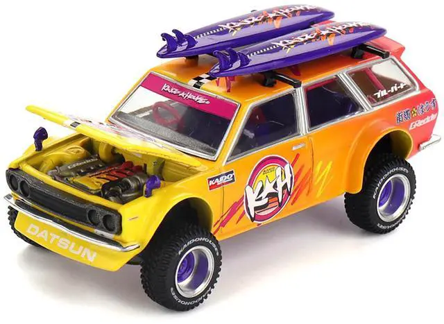 Alt view image 2 of 5 - Datsun Kaido 510 Wagon 4x4 RHD "Kaido Islands V1" Yellow to Red Gradient with Surfboards 1/64 Diecast Model Car by Mini GT