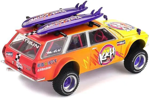 Alt view image 4 of 5 - Datsun Kaido 510 Wagon 4x4 RHD "Kaido Islands V1" Yellow to Red Gradient with Surfboards 1/64 Diecast Model Car by Mini GT