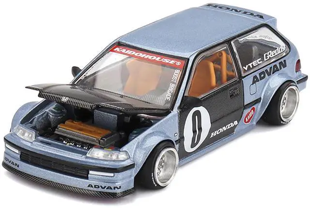 Alt view image 2 of 5 - Honda Civic (EF) "Kaido Roulette V1" Blue Metallic w/Carbon Hood & Doors "Kaido House" Special 1/64 Diecast Model Car by Mini GT