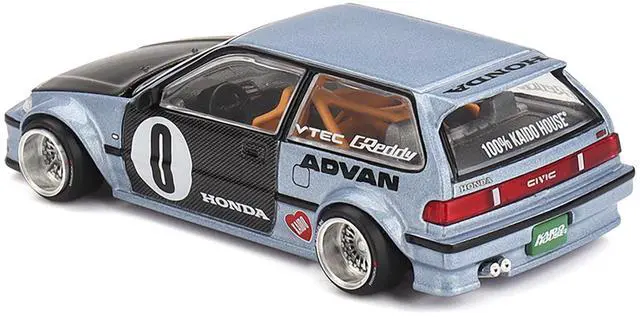 Alt view image 4 of 5 - Honda Civic (EF) "Kaido Roulette V1" Blue Metallic w/Carbon Hood & Doors "Kaido House" Special 1/64 Diecast Model Car by Mini GT