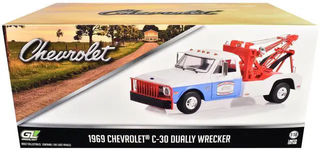 Alt view image 4 of 5 - 1969 Chevrolet C-30 Dually Wrecker Tow Truck White and Blue "Hazzard County Garage" 1/18 Diecast Model Car by Greenlight