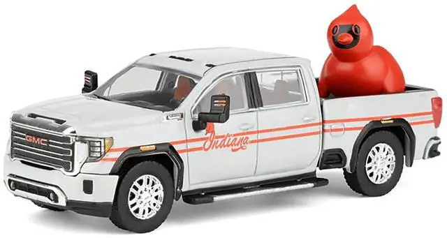 Alt view image 4 of 5 - 2022 GMC Sierra 3500 HD Truck "Indiana Cardinals" Silver Metallic with Red and Figure 1/64 Diecast Model Car by Greenligh