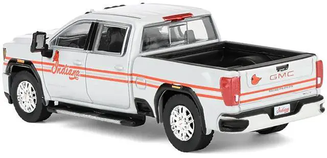 Alt view image 3 of 5 - 2022 GMC Sierra 3500 HD Truck "Indiana Cardinals" Silver Metallic with Red and Figure 1/64 Diecast Model Car by Greenligh