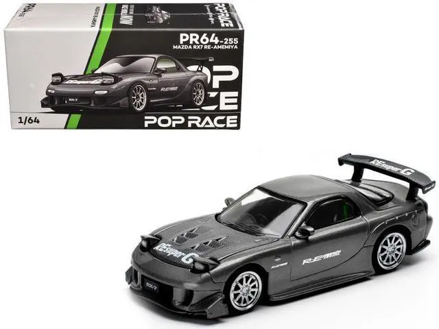Main image of Mazda RX7 (FD) "RE Amemiya" Widebody RHD Gunmetal Gray Metallic with Carbon Hood 1/64 Diecast Model Car by Pop Race