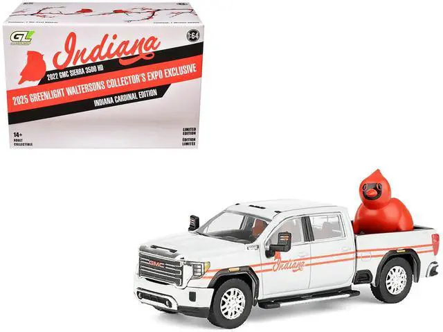 Main image of 2022 GMC Sierra 3500 HD Truck "Indiana Cardinals" Silver Metallic with Red and Figure 1/64 Diecast Model Car by Greenligh