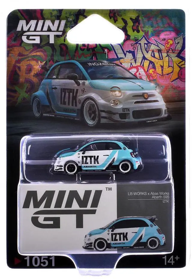 Alt view image 6 of 6 - ABARTH 595 "LB-Works x Abas Works - IZTK" Light Blue and White with Black Top Limited Ed 1/64 Diecast Model Car by Mini GT