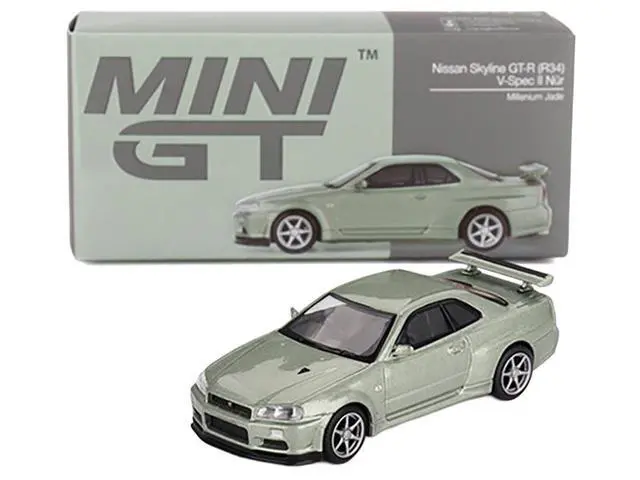 Alt view image 5 of 6 - Nissan Skyline GT-R (R34) V-Spec II Nur RHD (Right Hand Drive) Millenium Jade Metallic Ltd Ed 1/64 Diecast Model Car by Mini GT