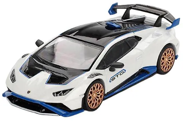 Alt view image 2 of 6 - Lamborghini Huracan STO Bianco Asopo White with Black Top and Blue Accents Limited Edition 1/64 Diecast Model Car by Mini GT