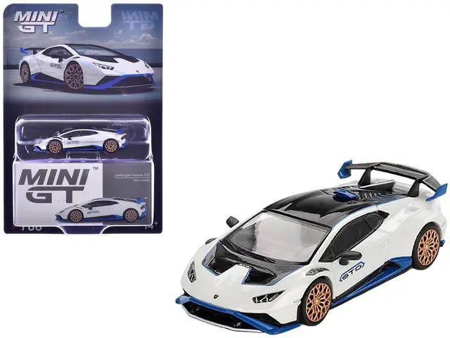 Main image of Lamborghini Huracan STO Bianco Asopo White with Black Top and Blue Accents Limited Edition 1/64 Diecast Model Car by Mini GT